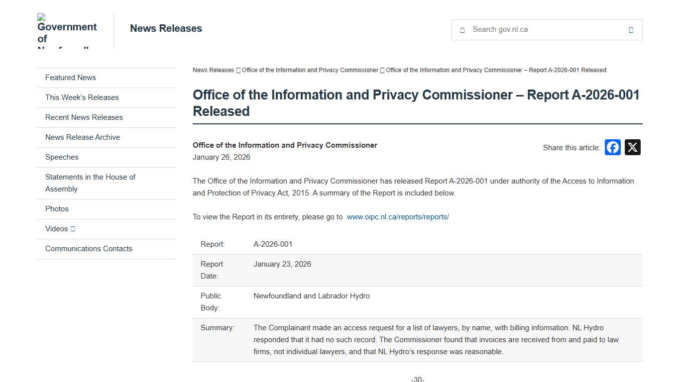 Office of the Information and Privacy Commissioner – Report A-2026-001 Released - News Releases