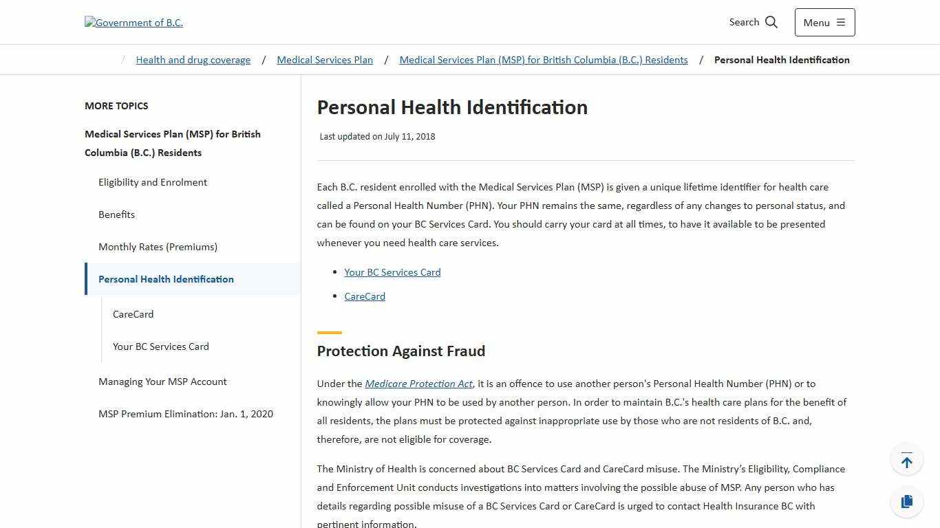 Personal Health Identification - Province of British Columbia